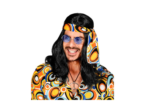 Czarna peruka Disco Fever Hipis z lat 70. z opaską