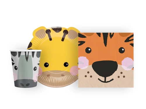 Zestaw kubeczki + serwetki + talerzyki papierowe Zwierzątka - 28 szt.