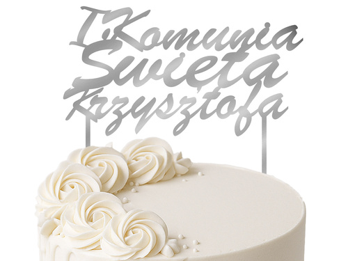 Topper z lustrzanej pleksi srebrny personalizowany na tort I Komunia Święta