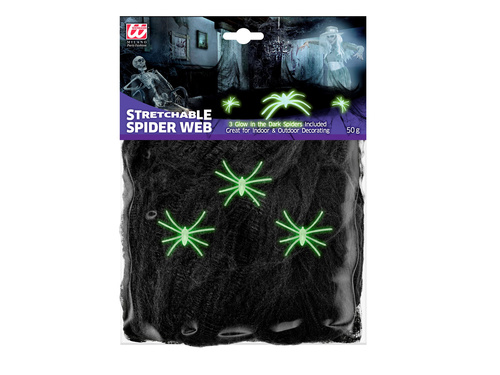 Czarna pajęczyna z fluorescencyjnymi pająkami - 1 op.