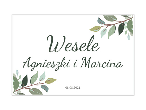 Plakat Weselny personalizowany z zielonymi listkami - 90x60 cm