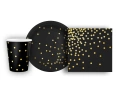 Zestaw kubeczki + serwetki + talerzyki papierowe czarne w złote kropki - 22 szt.