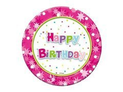Talerzyki papierowe na urodziny Happy Birthday Różowe - 18 cm - 6 szt.