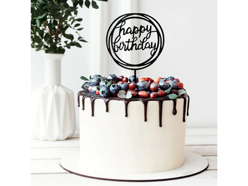 Topper na tort Happy Birthday czarnym - 1 szt.