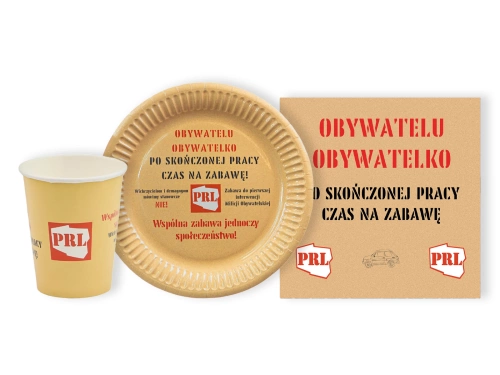 Zestaw kubeczki + serwetki + talerzyki papierowe PRL - 36 szt.
