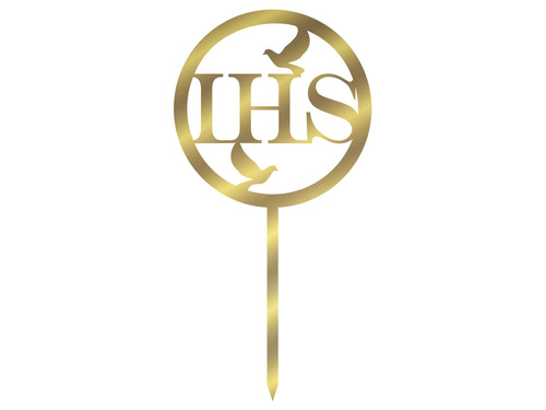 Topper z lustrzanej pleksi złoty na tort IHS I Komunia Święta