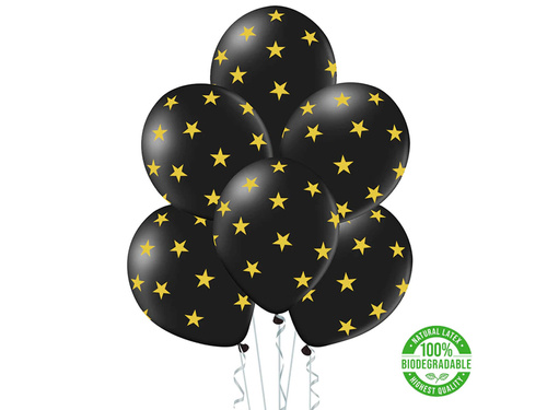 Balony lateksowe czarne w złote gwiazdki - 30 cm - 5 szt.