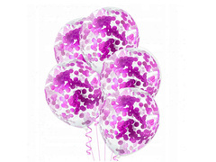 Balony przezroczyste z konfetti fuksja - 30 cm - 5 szt.