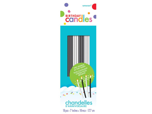 Świeczki urodzinowe z iskierkami - czarne i białe - 18 cm - 18 szt.