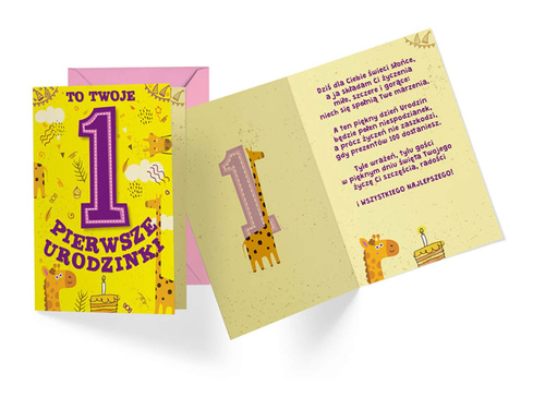 Kartka urodzinowa z kopertą na roczek Żyrafa - 1 szt.