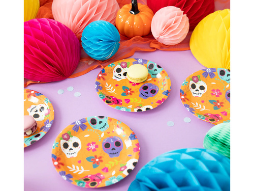 Talerzyki papierowe halloweenowe Meksykańska Czacha - 18 cm - 6 szt.
