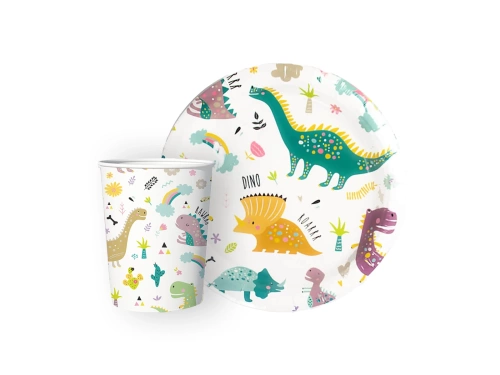 Zestaw kubeczki + talerzyki papierowe Dinozaury - 12 szt.