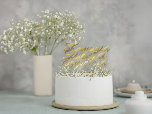 Topper z lustrzanej pleksi złoty personalizowany na tort I Komunia Święta