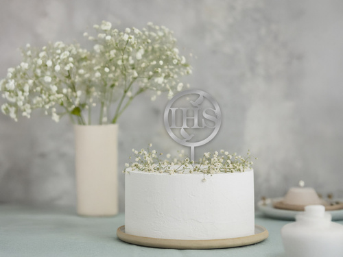 Topper z lustrzanej pleksi srebrny na tort IHS I Komunia Święta