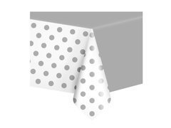 Obrus urodzinowy biały w srebrne kropki - 137 x 274 cm - 1 szt.
