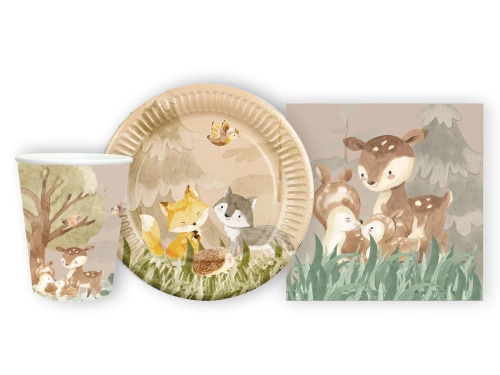 Zestaw kubeczki + serwetki + talerzyki papierowe Leśne Zwierzątka - 44 szt.