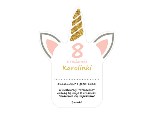 Zaproszenia personalizowane na urodziny Piękny Jednorożec - 8 szt.