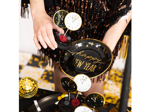Talerzyki papierowe na Sylwestra Nowy Rok Happy New Year czarne - 18 cm - 6 szt.