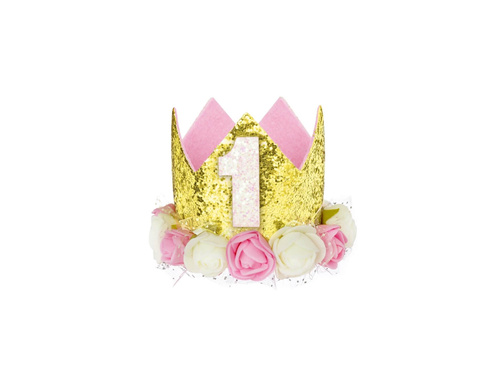 Korona z piankowymi różyczkami na roczek złota - 1 szt.