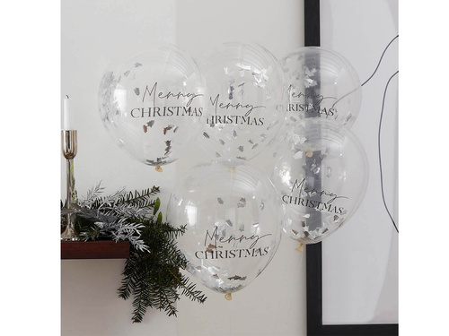 Balony przezroczyste ze srebrnym konfetti Merry Christmas - 30 cm - 5 szt.