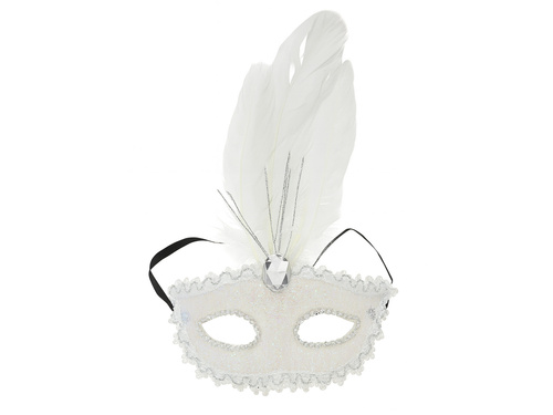 Maska karnawałowa z piórami - biała - 1 szt.