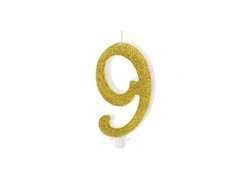 Świeczka cyferka ze złotym brokatem - 9 - 1 szt.