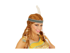 Peruka Indianina Chippewa z warkoczami, koralikami, opaską i piórami