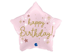 Balon foliowy gwiazda Happy Birthday różowym - 42x40 cm - 1 szt.