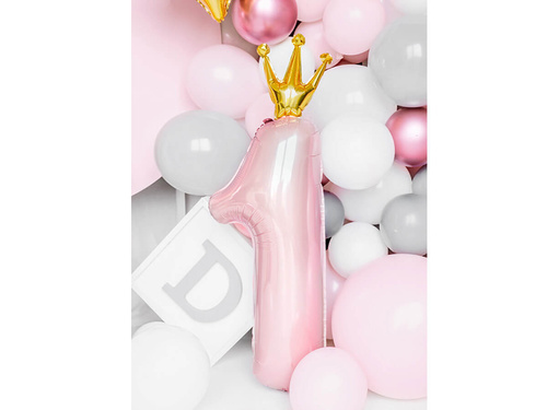 Balon foliowy cyfra 1 w koronie jasnoróżowy - 90 cm - 1 szt.