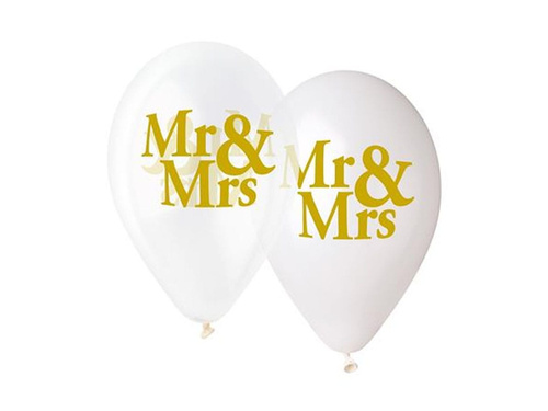 Balony lateksowe z nadrukiem weselnym Mr&Mrs - 33 cm - 5 szt.