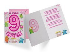 Kartka urodzinowa z kopertą na dziewiąte urodziny Potworki - 1 szt.