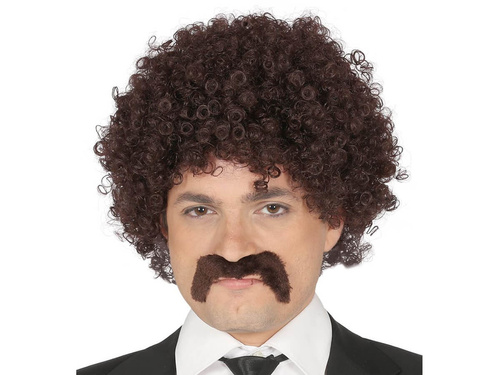 Brązowa peruka z lokami i wąsem - 1 szt.