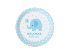 Talerzyki papierowe na Baby Shower Słonik niebieskie - 18 cm - 6 szt.