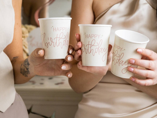 Kubeczki papierowe Happy Birthday beżowe - 250 ml - 8 szt.