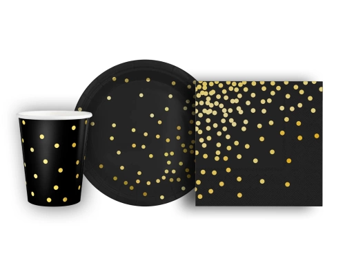 Zestaw kubeczki + serwetki + talerzyki papierowe czarne w złote kropki - 22 szt.