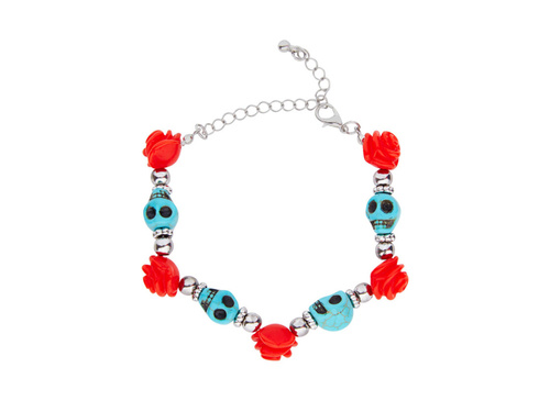Turkusowa bransoletka z czaszkami i czerwonymi różami