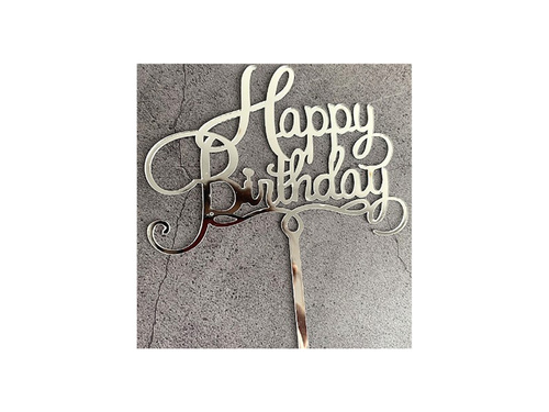 Topper z pleksi na tort Happy Birthday srebrny - 1 szt.