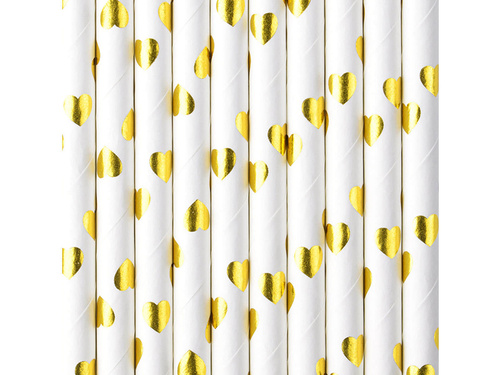 Słomki rurki papierowe złote serca - 19,5 cm - 10 szt.