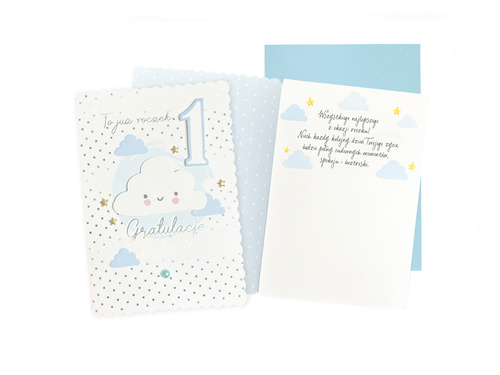 Kartka na roczek Uśmiechnięta Chmurka niebieska - 1 szt.