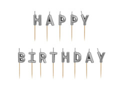 Świeczki pikery napis Happy Birthday - srebrny