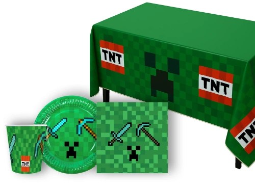 Zestaw obrus, kubeczki, serwetki i talerzyki papierowe Piksele - 45 szt.