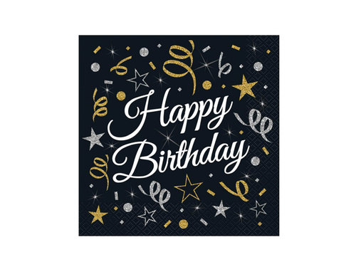 Serwetki urodzinowe Happy Birthday czarne - 33 cm - 20 szt.
