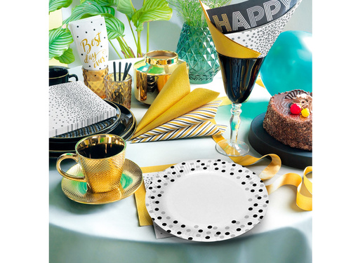 Talerzyki papierowe na urodziny Konfetti srebrno-czarne - 18 cm - 8 szt.