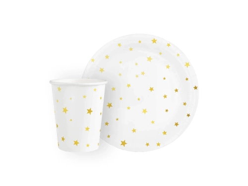 Zestaw kubeczki + talerzyki papierowe białe w złote gwiazdki - 12 szt.