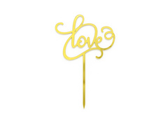 Topper z lustrzanej pleksi złoty na tort Love - 16 cm