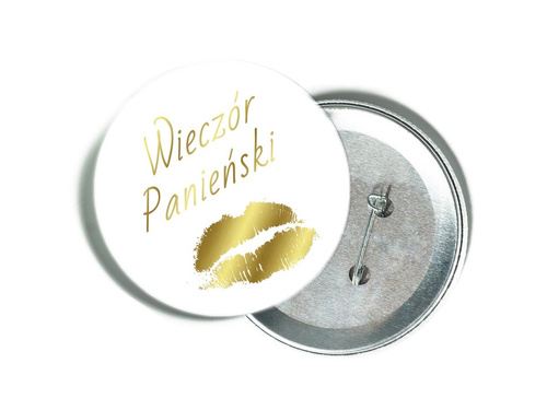 Przypinka biała ze złotym napisem i ustami na Wieczór Panieński
